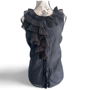 Peck & Peck Black Silk Ruffle Sleeveless Blouse Pleated Cascade Size Large